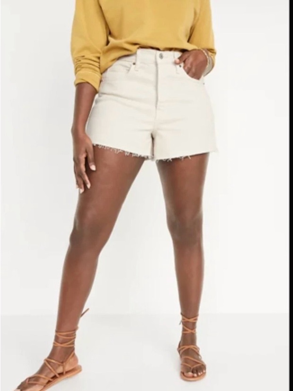 Old Navy Sky-hi A-line 3” denim short Ecru Size 12 Hidden button fly Raw hem NWT